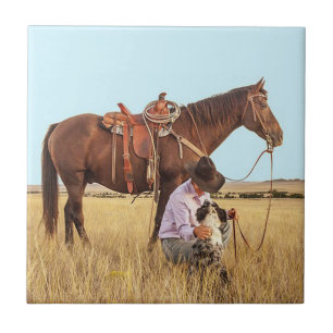 Cowboy med hästen och hunden kakelplatta