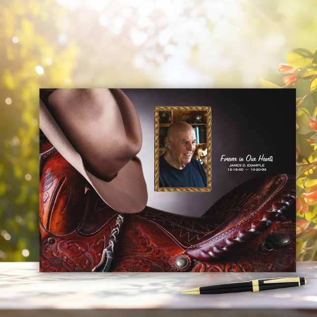 Cowboy-minnesgästbok för begravning gästböcker (Cowboy hat and saddle memorial guest book. )