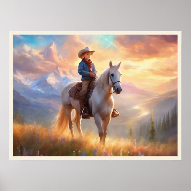 Cowboy Mountaintop Sunrise Boy's Bedroom Art Poster (Framsidan)