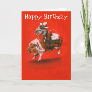 Cowboy Mouse Riding Guinea Gris Birthday Card Kort