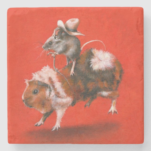 Cowboy Mouse Riding Guinea Gris Stone Underlägg (Framsidan)