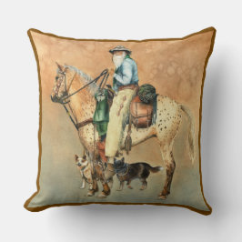 Cowboy och Appaloosa Horse med Dogies Kudde
