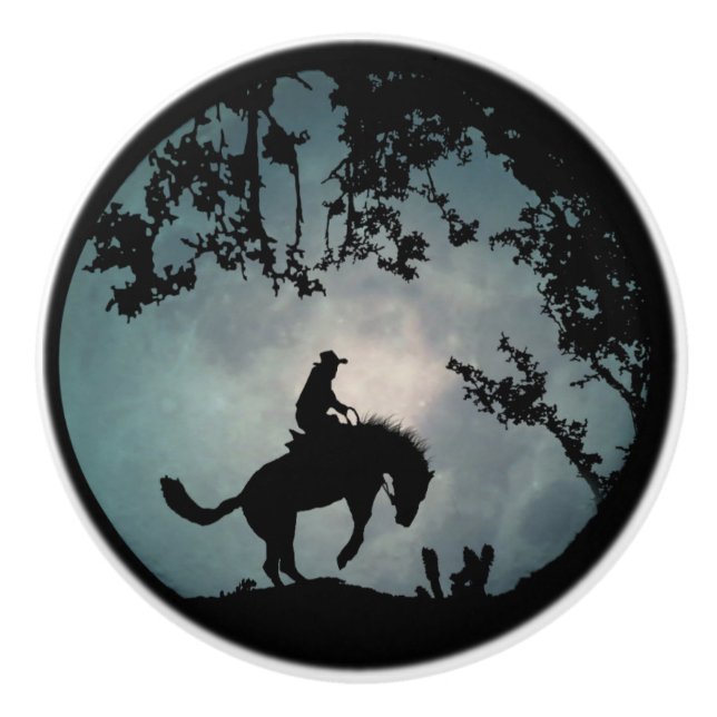 Cowboy och Bucking Horse Full Moon Decor Pulls Knopp (Framsidan)
