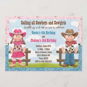 Cowboy och Cowgirl Gemensam Syskon Födelsedagsfest Inbjudningar
