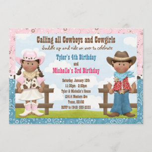 Cowboy och Cowgirl Joint Syskon Födelsedagsfest Inbjudningar