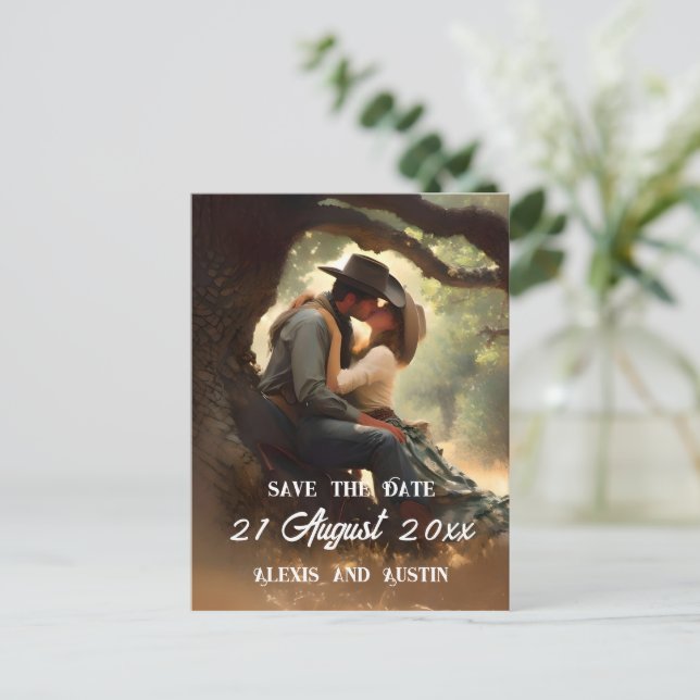 Cowboy och Cowgirl Kissing Save Date Vykort (Stående Fram)
