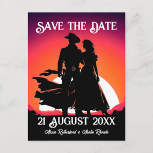 Cowboy och cowgirl vid solnedgång Spara datum Vykort