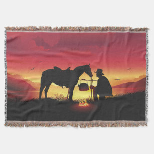 Cowboy och häst på den solnedgång vävde kastfilten mysfilt