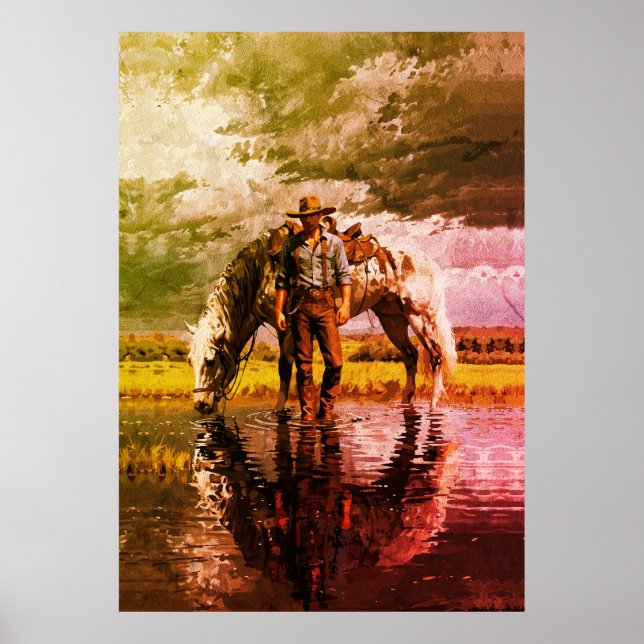 Cowboy och häst reflektion väggkonst – västern (Framsidan)