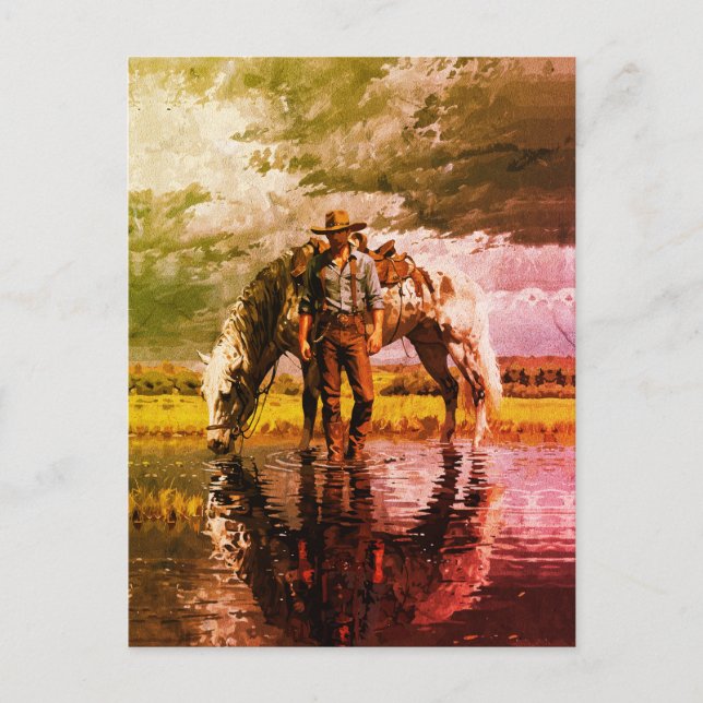 Cowboy och häst reflektion väggkonst – västern vykort (Framsida)