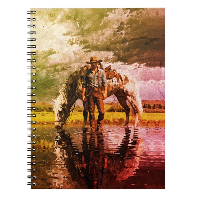 Cowboy och häst reflektion väggkonst – Western Anteckningsbok (Framsidan)