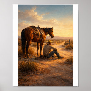 Cowboy och häst vid solnedgång poster