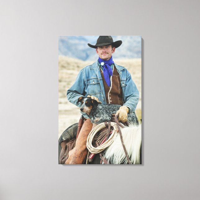 Cowboy och hund på häst canvastryck (Framsida)