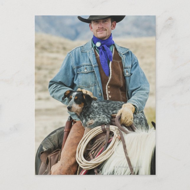 Cowboy och hund på häst vykort (Framsida)