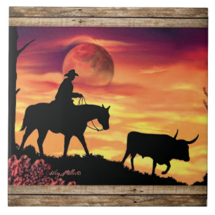Cowboy och långhornsstyr kakelplatta