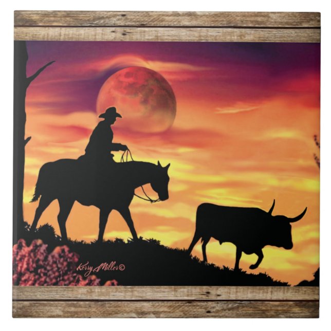 Cowboy och långhornsstyr kakelplatta (Framsidan)