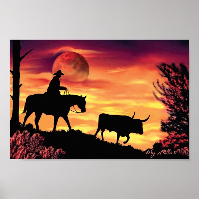 Cowboy och Longhorn Steer Poster (Framsidan)