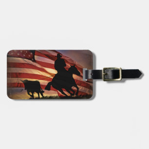 Cowboy och Steer Roping med amerikansk Flagga Bagagebricka