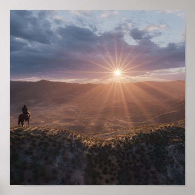 Cowboy on Horseback at Sunset, Western Desert  Poster (Framsidan)