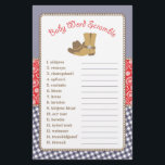 Cowboy Ord-skramblåda för babyskor Game Flyer<br><div class="desc">Den här babyduschspelet har cowboystövlar och en cowboyhatt på en gingham och på en paislebakgrund. Samlingen av produkter för samordning finns tillgänglig i vår butik, zazzle.com/doodlelulu*. Kontakta oss om du behöver den här designen för en specifik produkt för att skapa ditt eget unika matchande objekt! Tack så mycket för att...</div>