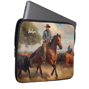 Cowboy på Bay Horse and Cattle Laptop Fodral