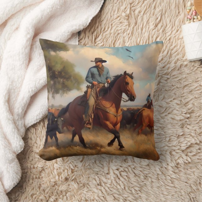 Cowboy på Bay Horse Kudde (Filt)