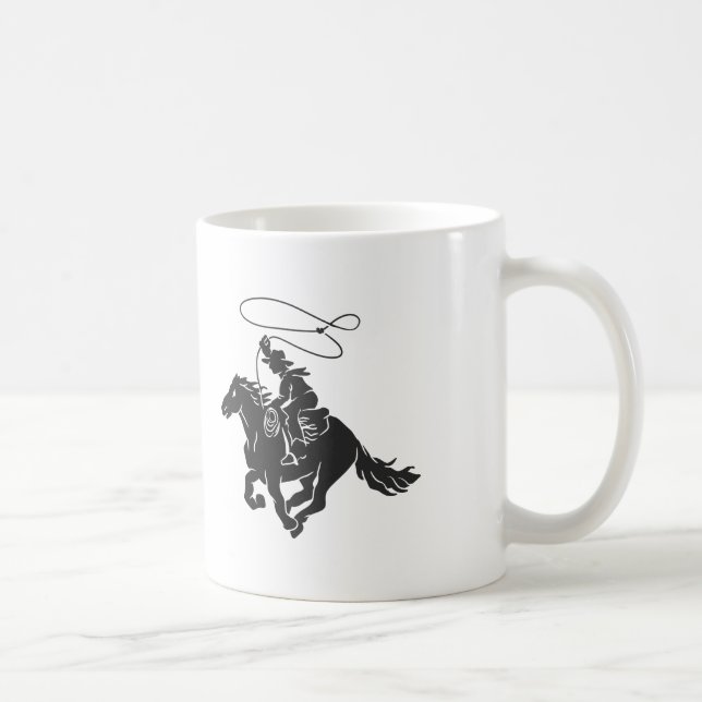 Cowboy på bojkottar som springer med lasso kaffemugg (Höger)