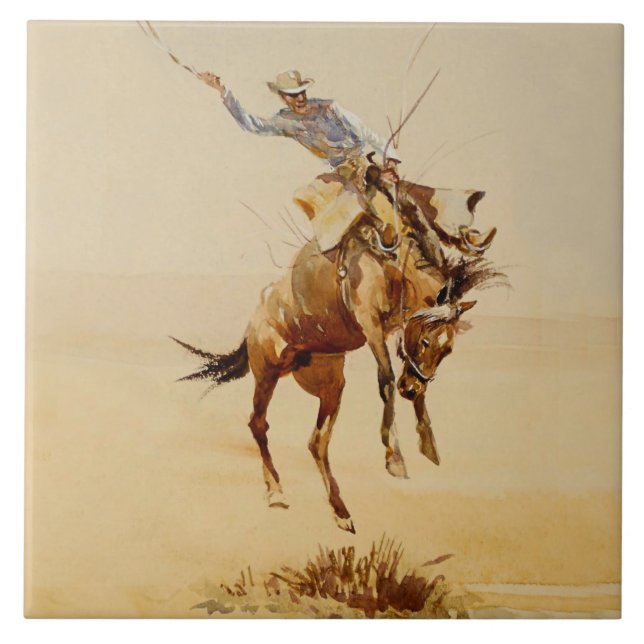 Cowboy på en bockande häst #2 av Edward Borein Kakelplatta (Framsidan)