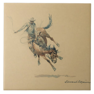 Cowboy på en bockande häst #3 av Edward Borein Kakelplatta