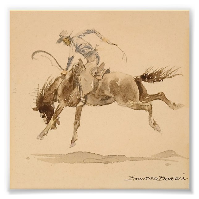 Cowboy på en bockande häst av Edward Borein Fototryck (Framsidan)