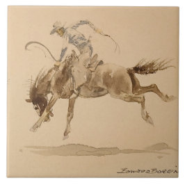 Cowboy på en Bucking Horse av Edward Borein Kakelplatta