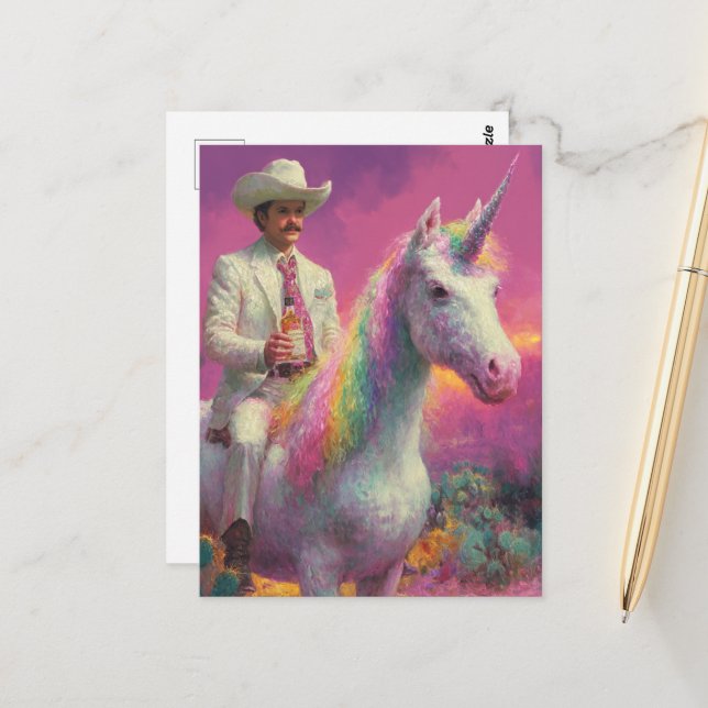 Cowboy på en Unicorn i öknen Vykort (Fram/Back In Situ)