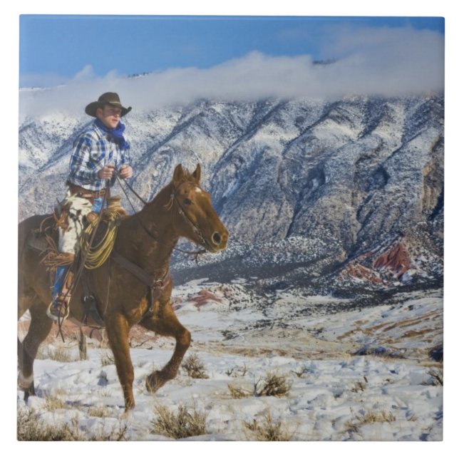 Cowboy på häst iklädd läderchaps kakelplatta (Framsidan)