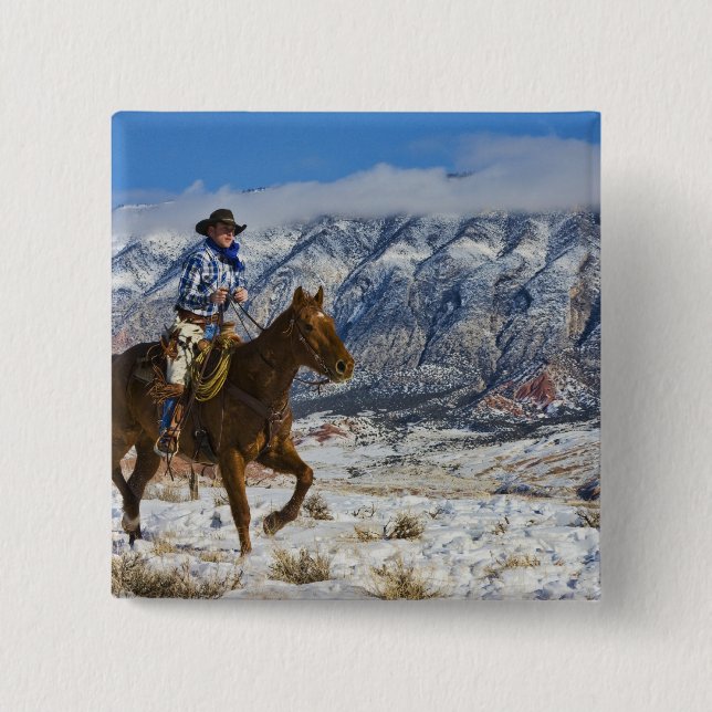 Cowboy på häst med läderhappar knapp (Framsida)