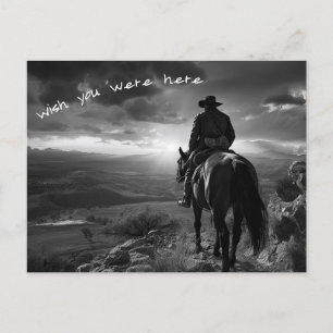 Cowboy på hästryggen vid solnedgång B&W-foto Vykort