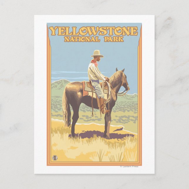Cowboy på hästryggen - Yellowstone National Vykort (Framsida)