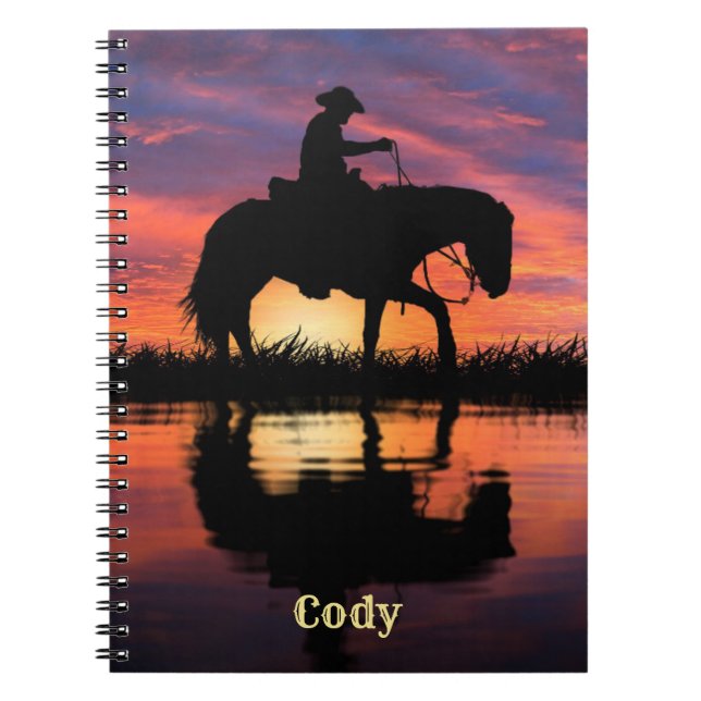 Cowboy på Horse i Texas Sunset Personalize Namn Anteckningsbok (Framsidan)