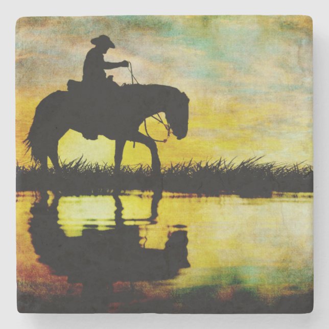 Cowboy på Horseback på Sunset. Stenunderlägg (Framsidan)