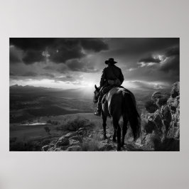 Cowboy på horseback vid sunset B&W-foto Poster