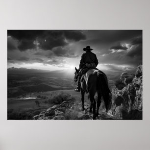 Cowboy på horseback vid sunset B&W-foto Poster