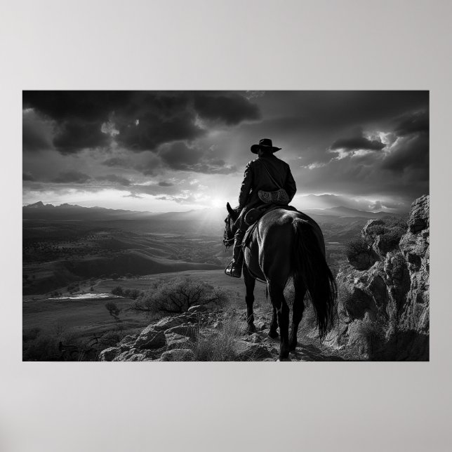 Cowboy på horseback vid sunset B&W-foto Poster (Framsidan)