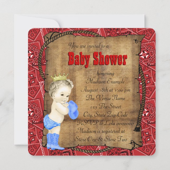 Cowboy Pojkarnas Baby Shower Inbjudningar (Baksida)