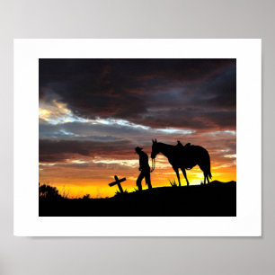 Cowboy Prayer Silhouette med solnedgång Poster