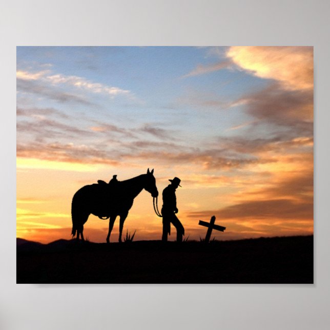Cowboy Prayer Silhouette med solnedgång Poster (Framsidan)