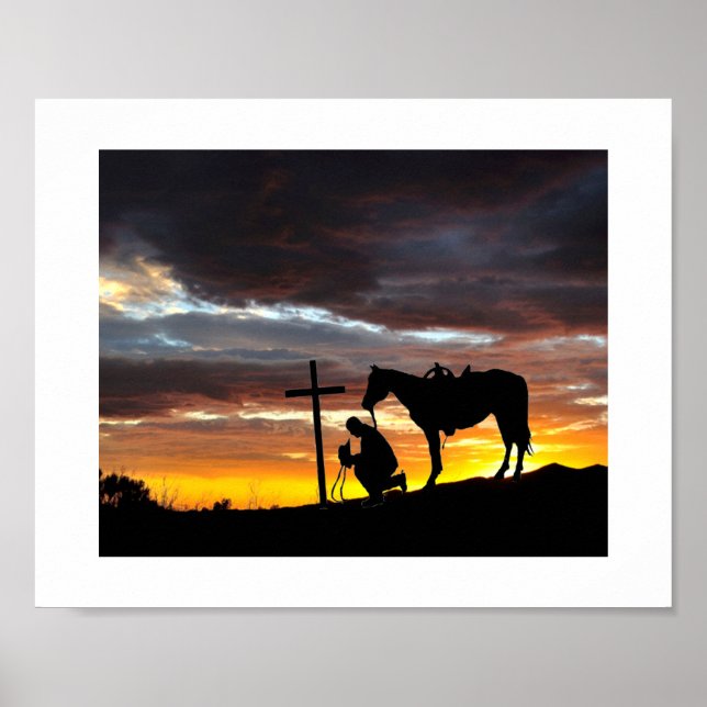 Cowboy Prayer Silhouette med solnedgång Poster (Framsidan)