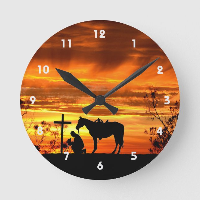 Cowboy Prayer Silhouette Wall Clock Rund Klocka (Framsida)
