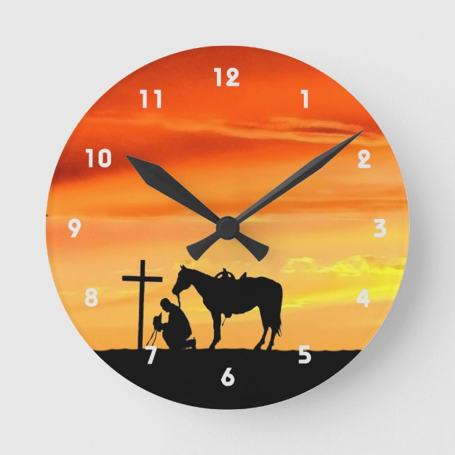 Cowboy Prayer Silhouette Wall Clock Rund Klocka (Framsida)