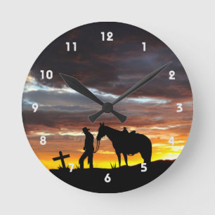 Cowboy Prayer Silhouette Wall Clock Rund Klocka