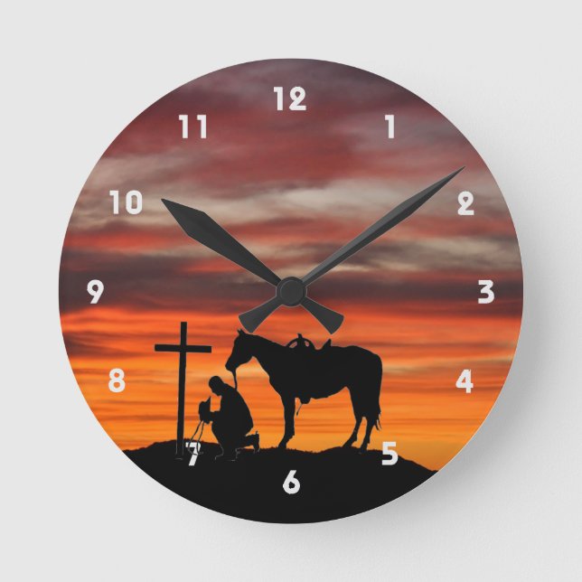 Cowboy Prayer Silhouette Wall Clock Rund Klocka (Framsida)