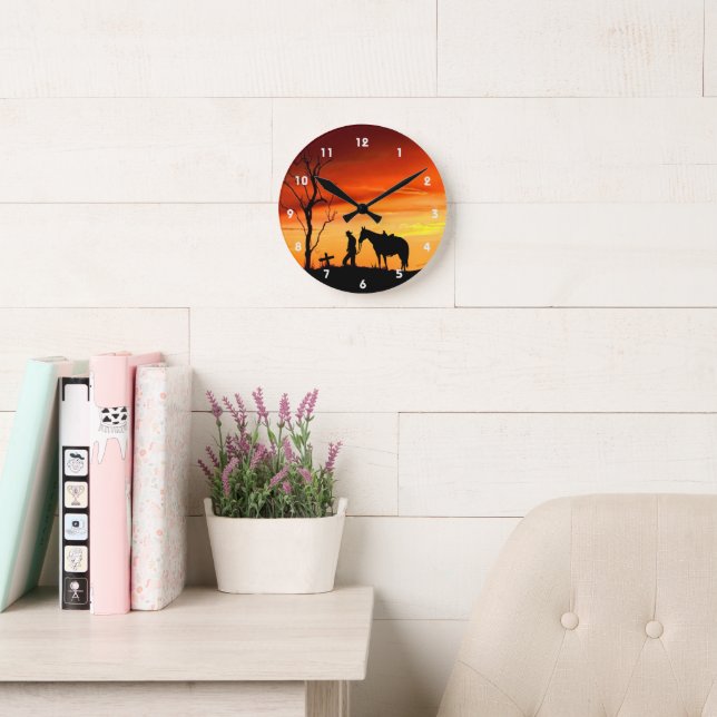 Cowboy Prayer Silhouette Wall Clock Rund Klocka (Läsesal)